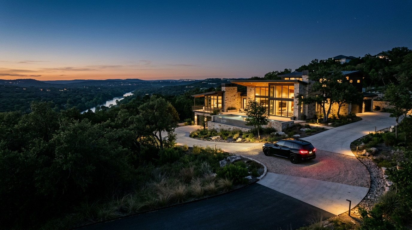 A Texas Hill Country estate at dusk with a black SUV in the driveway
